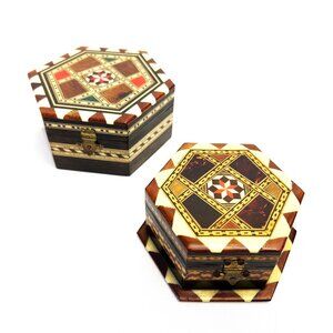 Lot of 2 Inlaid Vintage Wood Boxes Artisan Hexagonal Jewelry Keepsake Spain